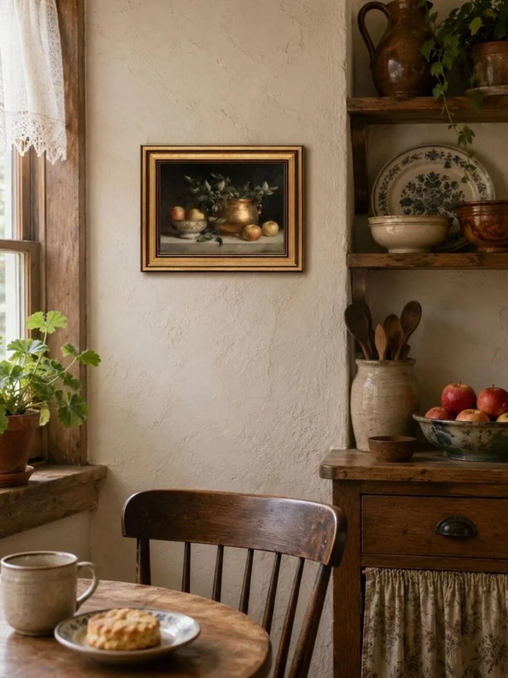Vintage Apple Still Life Wall Art - Gold Framed Canvas Decor for Kitchen